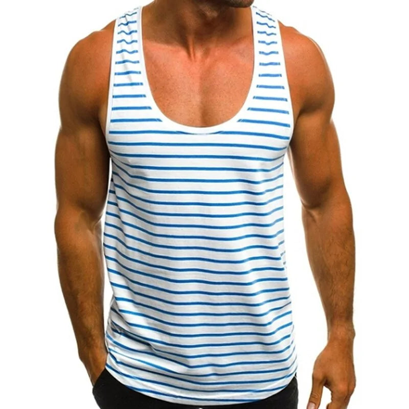 2020 Men's Striped Sleeveless O Neck Tank Tops for Summer Beach and Holidays