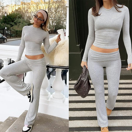 Round Neck Long Sleeve Low Waist Bell-bottom Pants Sportswear Suit