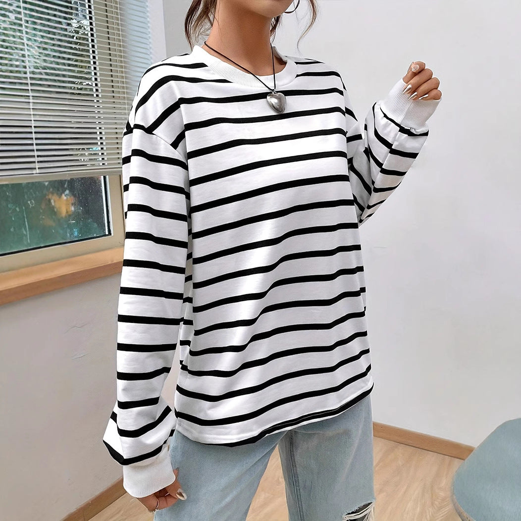 Women's Casual Loose Round Neck Vintage Stripe Long-sleeved T-shirt