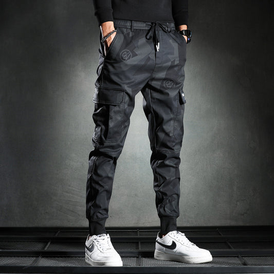 Camouflage casual pants for men, slim fit Korean style elastic waist tight fashion trendy thin leg-tie overalls