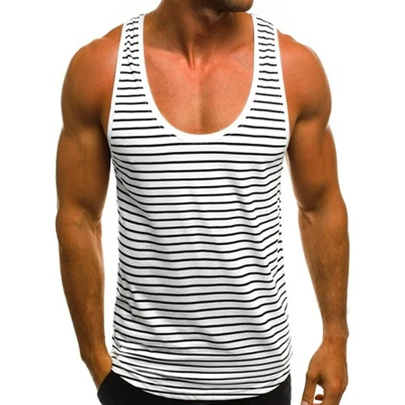 2020 Men's Striped Sleeveless O Neck Tank Tops for Summer Beach and Holidays