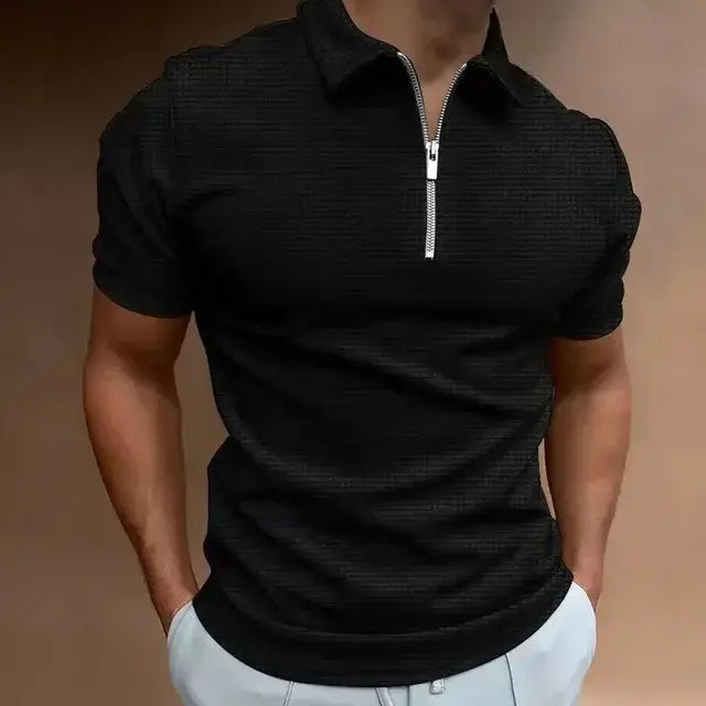 Summer New Men's Zipper Waffle Polo Shirt Short Sleeve Waffle